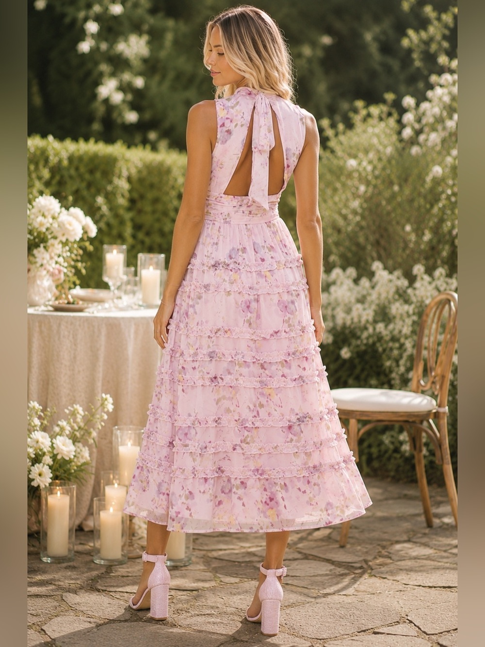 Lulus Happily Sweet Eden Light Pink Floral Sleeveless Ruffle Chiffon Midi Dress - Picture 3 of 10